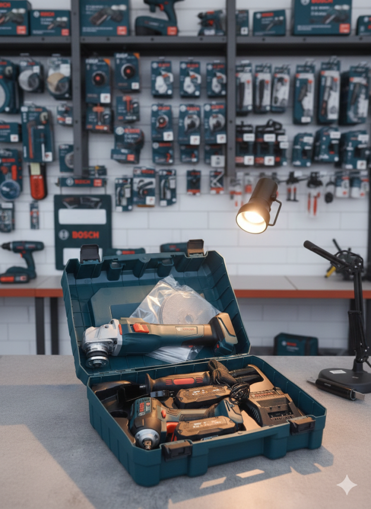 Set Profesional Bosch 18V – Polizor Unghiular + Autofiletantă + Baterii + Valiză