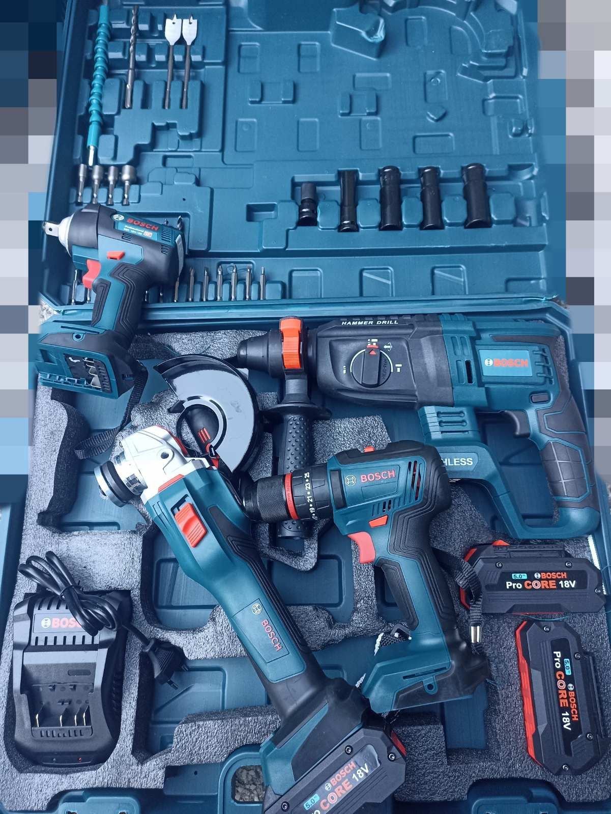 Set Profesional de Scule Bosch 18V ProCORE: Rotopercutor + Cheie cu Impact + Polizor Unghiular + Autofiletantă