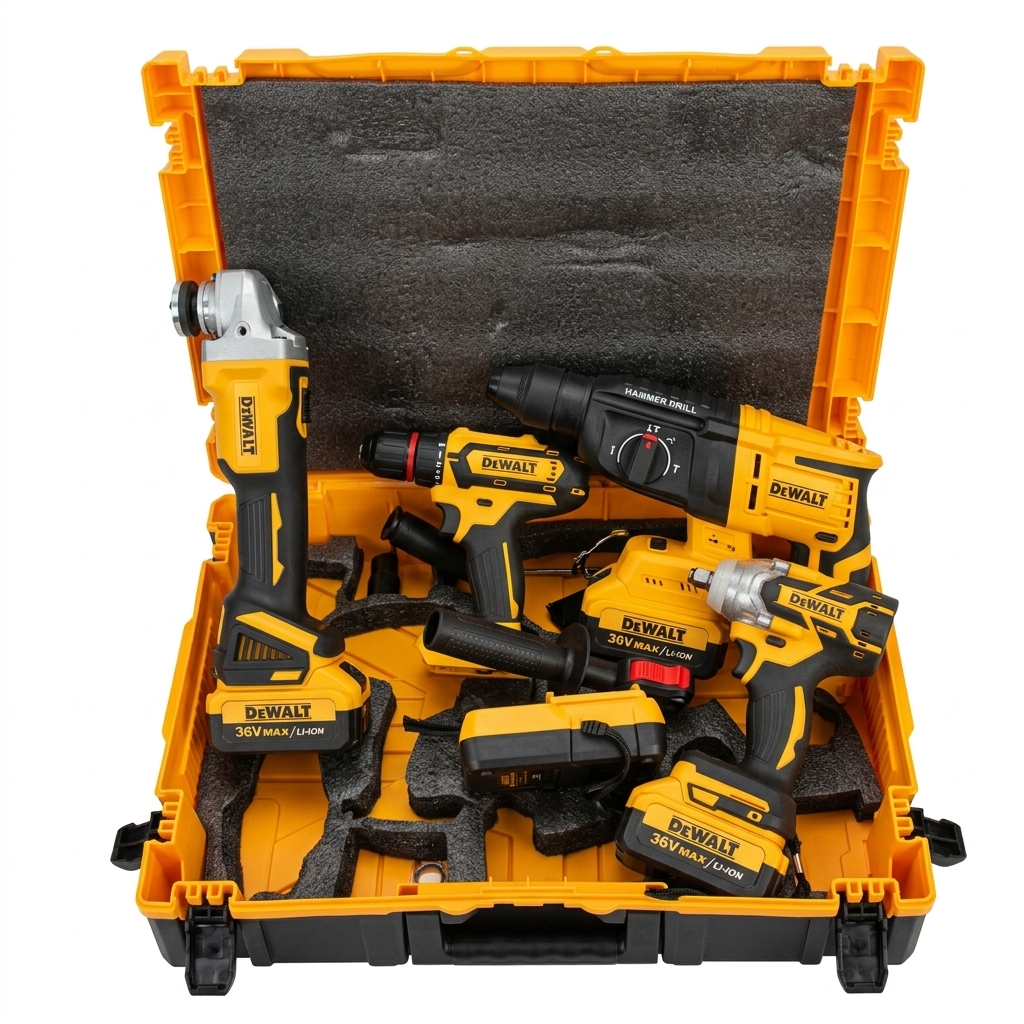 Set 4în1 DeWALT cu Acumulator: Cheie cu Impact + Autofiletantă + Rotopercutor + Polizor Unghiular